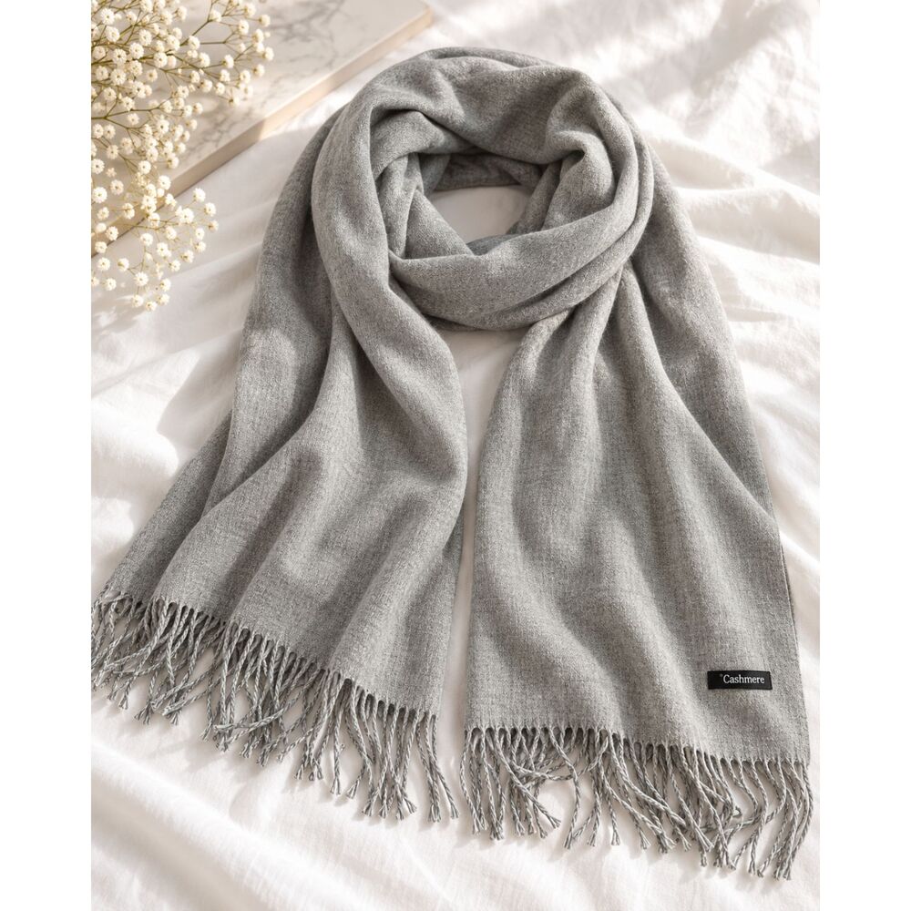 100% Cashmere Oversized Scarf Wrap Shawl Gray Fringe 27x72 Soft Lightweight